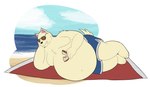 2017 4_fingers 4_toes anthro arm_support beach belly bent_arm bent_legs big_belly bitten_food black_nose blue_clothing blue_sky blue_swimming_trunks blue_swimwear brown_eyewear brown_sunglasses canid canine chest_tuft clothing cloud colored day digital_drawing_(artwork) digital_media_(artwork) eating eating_food eyewear feet fingers fluffy fluffy_tail food food_on_face hi_res holding_food holding_object holding_sandwich leaning_on_elbow male mammal moobs navel obese obese_anthro obese_male on_towel outside overweight overweight_anthro overweight_male pink_inner_ear red_towel sand sandwich_(food) sea seaside shaded simple_shading sky solo sunglasses swimming_trunks swimwear tail theannoyingnpc thick_thighs toes towel tuft unnamed_canine_(theannoyingnpc) water white_tail