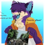 1:1 abbey_road absurd_res album_cover andromorph blue_inner_ear blue_inner_ear_fluff blue_mouth blue_tongue canid canine clothed clothing comic cover detailed dialogue digital_media_(artwork) digital_painting_(artwork) ear_piercing fluffybean12 fox fully_clothed fur hair happy hi_res industrial_piercing inner_ear_fluff intersex jacket mammal multicolored_body multicolored_fur neck_tuft piercing purple_body purple_hair shaded simple_background smile smiley_face tan_body tan_fur the_beatles tongue topwear tuft vinyl vinyl_record