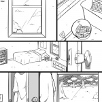 1:1 2015 ambiguous_gender ambiguous_species bed bedroom bookshelf calendar clothed clothing comic digital_drawing_(artwork) digital_media_(artwork) door dresser furniture greyscale inside lightswitch monochrome not_furry plant shirt slypon solo stool topwear torso_shot trash_can tree window