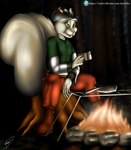 absurd_res anthro armor belt belt_buckle belt_pouch beverage big_tail boots bottomwear buckle buckteeth campfire campfire_scene chainmail clothed clothing container cooking cookware cup curled_tail digital_media_(artwork) fingers fire fluffy fluffy_tail footwear frying_pan fur fur_tuft green_eyes gret_fur grill hat headgear headwear hi_res holding_container holding_cup holding_object kitchen_utensils legwear long_tail looking_down male mammal mohrlex night outside pants plant rock rodent sciurid shirt shoes sitting smile solo spread_legs spreading tail teeth text tools topwear tree tree_squirrel tuft url