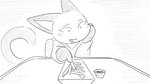 16:9 animal_crossing anthro biped blush clothed clothing dialogue_in_description digital_drawing_(artwork) digital_media_(artwork) domestic_cat dragonweirdo felid feline felis female food fries front_view fur greyscale hi_res mammal monochrome nintendo olivia_(animal_crossing) open_mouth open_smile sitting smile solo tail widescreen