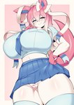 2022 anthro big_breasts blush bottomwear breasts camel_toe clothing eeveelution female fur generation_6_pokemon hair hi_res huge_breasts legwear medium_hair necktie nintendo pink_body pink_fur pokemon pokemon_(species) school_uniform skirt smile smiling_at_viewer smirk smirking_at_viewer solo sylveon tailzkim thigh_highs underwear uniform white_body white_fur