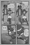 2024 absurd_res anthro beamerbruh belt bottomless bottomwear clothed clothing comic dialogue digital_media_(artwork) duo erection felid feline female generation_9_pokemon genitals gesture glans greyscale hi_res horn horned_humanoid humanoid humanoid_genitalia humanoid_penis jewelry magician magician_hat male male/female mammal mask meowscarada monochrome necklace nintendo pants penis pokemon pokemon_(species) smile speech_bubble text wand waving wide_hips