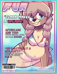 anthro beach bikini bikini_bottom braided_hair breasts brown_body brown_fur clara_(lexithotter) clothing cover english_text female fur grey_hair gynomorph_(lore) hair hi_res koala kurus magazine_cover mammal marsupial partially_submerged potbelly seaside slightly_chubby slightly_chubby_anthro slightly_chubby_female smile solo standing_in_water swimwear tan_body tan_fur text trans_(lore) trans_woman_(lore) translucent translucent_clothing two-piece_swimsuit vombatiform wide_eyed