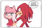 2023 amy_rose clothing dialogue echidna eulipotyphlan fangs female gloves grumpy handwear hedgehog hi_res knuckles_the_echidna male mammal monotreme on_model pushing sega simple_background sonic_the_hedgehog_(series) speech_bubble teeth text thin_thighs toonsite white_background