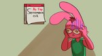 anthro bodily_fluids calendar clothing english_text hair jovi_cap jovi_cap_(oc) lagomorph leporid male mammal nervous pink_body rabbit red_hair september_(month) shirt solo sweat text topwear yellow_eyes