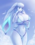 big_breasts bikini blade_(xenoblade) blue_and_white blue_body blue_eyes blue_fur breasts bunnit clothing cloud covered_nipples dahlia_(xenoblade) female fur glowing huge_breasts huge_ears humanoid lagomorph leporid looking_at_viewer mammal monochrome navel rabbit saf-404 safartworks sky smile solo swimwear thick_thighs two-piece_swimsuit xenoblade_(series) xenoblade_chronicles_2