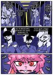 anthro border canid canine canis capybara caviid clothed clothing comic dialogue digital_media_(artwork) ears_down female femboy fur fzst group hair hi_res hyena lagomorph leporid male mammal open_mouth pink_body pink_fur pink_hair pivoted_ears rabbit renita_reed rodent scared scared_face simple_background smile spanish_text speech_bubble tail teeth text translated white_border wolf