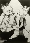 2023 absurd_res alternate_universe anthro canid canine clothed clothing collar disney fox fully_clothed fur group hi_res holding_object inktober mammal nick_wilde red_fox sharp_teeth shock_collar silhouette teeth theblueberrycarrots traditional_media_(artwork) true_fox zistopia zootopia