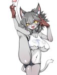 3:4 anthro big_breasts biped breasts camel_toe clothing collarbone cute_fangs domestic_cat felid feline felis female genba_neko gesture gloves grey_body grey_hair hair hand_gesture handwear hi_res holding_leg inner_ear_fluff kamen_no_hito kemono kumamine mammal multicolored_body navel one_leg_up open_mouth panties pupils raised_leg safety_cat simple_background slit_pupils tail topwear torn_clothing torn_tank_top torn_topwear tuft two_tone_body two_tone_face two_tone_tail under_boob underwear v_sign white_background white_body yellow_sclera