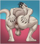 anthro anus backsack balls big_butt bodily_fluids butt crouching erection genitals hi_res humanoid_genitalia humanoid_penis lizard looking_at_viewer looking_back male muscular muscular_anthro muscular_male nude penis perineum presenting presenting_anus presenting_hindquarters reptile saggy_balls scalie simple_background solo spread_butt spreading sweat sweaty_balls sweaty_butt sweaty_genitalia sylos_(character) tail tall_lizzard_(artist) thick_thighs wide_hips