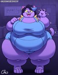 2022 4_toes anthro belly belly_overhang belly_rolls big_belly big_breasts big_butt biped black_hair bottom_heavy breasts bulge butt catty_(undertale) chubby_cheeks clothed clothing detailed_background digital_media_(artwork) domestic_cat fat_arms fat_legs fat_rolls feet felid feline felis female front_view fupa fur gesture hair happy huge_belly huge_breasts huge_thighs looking_at_viewer mammal navel_outline nekocrispy no_neck obese obese_anthro obese_female open_mouth overalls overalls_only overweight overweight_anthro overweight_female purple_body purple_fur shirtless shortalls smile solo standing thick_calves thick_thighs tight_clothing tight_overalls toes undertale undertale_(series) waving wide_hips