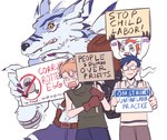 Rating: s
ID: 3781804
Date: 2022-12-30 17:33:50 -0500
Status: active
Score: 40
anthro bandai_namco belt blue_hair canid canine claws clothing digimon digimon_(species) eyewear feral glasses gloves gomamon green_eyes group hair handwear hi_res holding_object holding_sign human humor instruction instruction_on_sign joe_kido kbondoxxa male mammal matt_ishida no_symbol picket_sign protest protest_sign red_hair sign sign_graphic symbol weregarurumon post #3781804