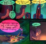 camp campfire comic dinosaur dragon dragonscape drekir dromaeosaurid eating english_text female feral food forest forl forl_(thepatchedragon) group hi_res male mythological_creature mythological_scalie mythology oli_(thepatchedragon) piker piker_(thepatchedragon) plant post-apocalyptic prehistoric_species reptile sarah_(thepatchedragon) scalie text thepatchedragon theropod tree tribal tribal_clothing tribal_paint