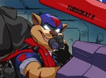 aircraft airplane alphasabre anthro armor chance_furlong felid feline glowing glowing_eyes grinning_at_viewer hanna-barbera headgear helmet jet male mammal mask medical_instrument military oxygen_mask rolled_up_sleeves scientific_instrument sitting solo swat_kats t-bone_(swat_kats) vehicle