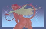 athletic athletic_humanoid athletic_male backsack balls blushing_yokai butt curled_hair demon ear_piercing feathered_wings feathers genitals hair horn humanoid looking_at_viewer looking_back male orange_hair perineum piercing rear_view red_body red_hair short_hair solo spade_tail tail white_wings wings