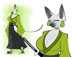 anthro asian_clothing barefoot big_breasts black_clothing black_nose breasts canid canine canis cleavage clothed clothing domestic_dog ear_piercing ears_up east_asian_clothing eyelashes feet female fur green_clothing green_ear_piercing grey_body grey_fur hi_res japanese_clothing katana long_tail mammal melee_weapon piercing simple_background smort_bee solo sword tail toes weapon white_background white_eyes