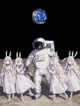 2021 albino albino_rabbit ambiguous_gender animal_humanoid astronaut astronaut_suit barefoot blood blood_in_mouth blood_on_hand bodily_fluids clothing dress earth feet female group hair hand_holding hi_res humanoid kotobuki_nashiko lagomorph lagomorph_humanoid leading leporid_humanoid long_hair mammal mammal_humanoid moon moon_bunny moon_landing moon_rabbit planet rabbit_ears rabbit_humanoid red_eyes shadow sibling_(lore) sister_(lore) sisters_(lore) space space_bunny space_helmet spacesuit toes wavy_hair white_hair