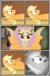 2016 absurd_res accessory applejack_(mlp) base_three_layout bat_pony bite biting_lip biting_own_lip blockage_(layout) comic duo equid eyelashes fangs female female/female feral five_frame_image flutterbat_(mlp) fluttershy_(mlp) freckles friendship_is_magic green_eyes gutovi-kun hair_accessory hairband hasbro hi_res horizontal_blockage mammal membrane_(anatomy) membranous_wings my_little_pony nervous red_eyes self_bite teeth three_row_layout wings