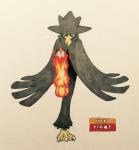 2017 3_toes ambiguous_gender anthro anthrofied avian beak biped bird black_body black_feathers black_wings claws corvid english_text feathered_wings feathers feet fighting_pose fire firefightdex front_view full-length_portrait generation_2_pokemon hatching_(art) hi_res marco_fanjul marker_(artwork) mixed_media murkrow nintendo nude on_one_leg oscine passerine pen_(artwork) pokemon pokemon_(species) pokemorph portrait pose pseudo_clothing raised_leg shaded shadow simple_background solo standing talons text toe_claws toes toony traditional_media_(artwork) white_background white_claws winged_arms wings yellow_beak