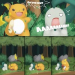 1:1 2010 apple chikorita colored comic conditional_dnp day detailed_background dialogue duo english_text female feral food fruit generation_1_pokemon generation_2_pokemon grass insomniacovrlrd male mammal nature nintendo nude outside plant pokemon pokemon_(species) raichu rock rodent tail text