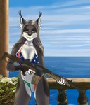 absurd_res anthro australian_flag_bikini bikini cinnameana clothing felid feline female flag_bikini gun hi_res irish_flag_bikini lynx mammal penelope_o'grady ranged_weapon solo swimwear two-piece_swimsuit weapon