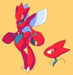 absurd_res ambiguous_gender anthro arthropod biped black_markings cel_shading generation_2_pokemon hi_res insect insect_wings markings nintendo pincers pokemon pokemon_(species) red_body scizor shaded simple_background sinfrou solo wings yellow_background yellow_eyes