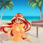 1:1 absurd_res anthro anthrofied areola beach big_breasts breasts chest_tuft crotch_tuft equestria_girls equid equine female hair hasbro hi_res horn information_sign long_hair looking_down mammal multicolored_hair my_little_pony mythological_creature mythological_equine mythology navel nipples nude outside palm_tree plant planted_sign post quicksand sand seaside sign signpost sinking solo sunset_shimmer_(eg) tree tuft two_tone_hair unicorn warning_sign wood wood_sign xjenn9