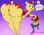 2024 anthro anus bear blu3danny bottomless breasts butt clothed clothing dialogue english_text female floral_rugg flower_in_hat food fur furniture genitals half-closed_eyes hanna-barbera hat headgear headwear hi_res honey_(food) honey_pot looking_back mammal narrowed_eyes nipple_outline open_mouth pussy solo speech_bubble table text the_hillbilly_bears tongue yellow_body yellow_fur