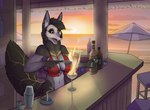 abyssal_wolf alcohol anthro beverage bikini breasts canid canine clothed clothing elizabeth_calibra excited female fire hi_res mammal mask patecko skull_mask solo swimwear two-piece_swimsuit