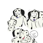 1:1 absurd_res anthro beargarbage bluey_(series) bodily_fluids canid canine canis chloe_(bluey) dalmatian dialogue domestic_dog duo female frank_(bluey) fur hi_res hug lipstick makeup male mammal markings mascara shocked spots spotted_body spotted_fur sweat sweatdrop