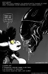 2019 alien alien_(franchise) amber_eyes anthro bodily_fluids clothed clothing dialogue duo english_text fangs female horn kobold saliva samantha_reyes sharp_teeth speech_bubble teeth text url xenomorph xenomorph_queen zwitterkitsune