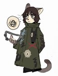 2024 anthro anthrofied axian6777 blue_eyes brown_hair clothed clothed_anthro clothed_male clothing coat digital_drawing_(artwork) digital_media_(artwork) domestic_cat felid feline felis fingers frown fur grey_body grey_fur hair headless_tambourine hi_res holding_musical_instrument holding_object holding_tambourine liam_gallagher male male_anthro mammal mouth_closed musical_instrument narrowed_eyes oasis_(band) parka percussion_instrument portrait simple_background solo standing tambourine topwear white_background