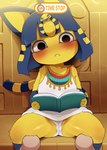 2023 animal_crossing ankha_(animal_crossing) anthro armor bangs blue_ears blue_hair blush blush_lines bob_cut bodily_fluids book clothed clothing dagasi digital_media_(artwork) domestic_cat dress duo english_text felid feline felis female first_person_view fur hair hi_res holding_book holding_object human human_pov kemono legwear looking_at_viewer mammal markings nintendo pov_hands ring_(marking) ringed_tail sitting solo_focus spread_legs spreading striped_markings striped_tail stripes sweat sweatdrop tail tail_markings text time_stop uraeus vambrace yellow_body yellow_fur yellow_inner_ear