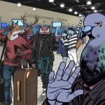 1:1 5_fingers airport annoyed anthro antlers avian baguette beret billmund bird bread canid canine cere_(anatomy) clothed clothing clothing_around_waist columbid common_pigeon creatures_of_the_night deer dodger_(creatures_of_the_night) facepalm felid female fingers food fox gesture group hat headgear headwear hi_res horn jacket leopard male mammal night_owl_(creatures_of_the_night) owl pantherine pigeon red_fox scarf selfie smile snow_leopard snowy_(creatures_of_the_night) standing suitcase the_stag topwear true_fox waving wingman