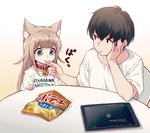 2019 40hara acting_like_a_cat animal_humanoid arm_on_table arm_support arms_bent bangs bent_arm black_hair blue_eyes cat_humanoid chips_(food) clothing collar container daww duo eating elbow_on_table feeding felid felid_humanoid feline feline_humanoid female food food_container furniture hair head_on_hand human humanoid japanese_text kinako_(40hara) leaning_on_elbow male mammal mammal_humanoid onomatopoeia potato_chips shirt sound_effects table tablet tan_hair text text_on_clothing text_on_shirt text_on_topwear topwear translated young young_female young_humanoid