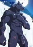 abs aledonrex anthro balls biceps blaidd_(elden_ring) canid canine canis claws crotch_tuft detailed_background elden_ring fangs flaccid foreskin fromsoftware fur genitals hi_res humanoid_genitalia humanoid_penis male mammal moon muscular muscular_anthro muscular_male night nude outdoor_nudity outside pecs penis solo teeth tuft vein veiny_penis waterfall wolf