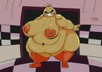 2024 animatronic anthro avian beakless belly belly_rolls big_belly big_breasts bird breasts chicken chubby_cheeks digital_drawing_(artwork) digital_media_(artwork) fat_rolls female five_nights_at_freddy's five_nights_at_freddy's_2 galliform gallus_(genus) hi_res leg_rolls looking_at_viewer machine nipples non-mammal_nipples nude obese obese_anthro obese_female orange_nipples overweight overweight_anthro overweight_female phasianid robot scottgames smile solo thick_thighs toy_chica_(fnaf) weirdocat yellow_body