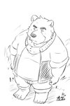 2024 anthro bear biped bottomwear clothing feet hi_res juuichi_mikazuki kemono male mammal monochrome morenatsu overweight overweight_male pants shirt solo tail_person topwear