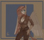 2024 anthro big_breasts breasts cleavage clothed clothing digital_media_(artwork) ear_piercing equid equine fan_character feathered_wings feathers female hair hasbro hi_res horse looking_at_viewer mammal my_little_pony mythological_creature mythological_equine mythology pegasus piercing pony scarf simple_background smile solo stray_prey tail topwear wild_spice_(oc) wings