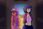 bibi_(brawl_stars) blue_hair brawl_stars breasts cleavage clothed clothing comic duo female hair hi_res human human_only male mammal midriff not_furry purple_eyes ruptureowo sandy_(brawl_stars) supercell_(company) twitter_handle