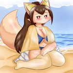 1:1 absurd_res anthro beach big_breasts bikini bikini_bottom breasts brown_hair canid canine canis clothing covering covering_self domestic_dog embarrassed female fur glistening glistening_body hair hi_res inumizaru legwear mammal nameigo sand seaside seductive shy solo swimwear tail taking_off_shirt thigh_highs two-piece_swimsuit undressing yellow_body yellow_fur