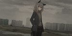 2:1 absurd_res animal_humanoid bottomwear building canid canid_humanoid canine canine_humanoid chifuri clothing cloud detailed_background female fox_ears fox_humanoid fox_tail grey_hair hair hand_in_pocket hi_res humanoid jaana_kettu jacket looking_at_viewer mammal mammal_humanoid outside overcast pockets shorts sky solo standing sweater topwear