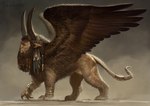 adobe_photoshop_(artwork) claws digital_media_(artwork) feathered_wings feathers hooves horn humanoid_face hybrid lamassu long_beard male mane mesopotamian_mythology solo wings yigit_koroglu