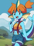 alternate_species anthro aokushan blue_body blue_skin clothing crop_top ear_fins eeveelution female fin fish_tail furrification generation_1_pokemon gym_leader hi_res misty_(pokemon) nintendo pokemon pokemon_(species) shirt solo suspenders topwear vaporeon