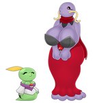 absurd_res anthro big_breasts breasts clothing dress duo eyes_closed facial_hair feathers female generation_3_pokemon green_body gulpin hi_res huge_breasts mustache nintendo pokeball pokemon pokemon_(species) purple_body red_clothing red_dress red_eyes scarf shirt simple_background slime swalot topwear tunic urusee584 white_background