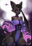 anthro bat big_ears bodysuit brown_body brown_fur brown_hair claws clothing collar crop_top female fluffy fur hair hi_res legwear liloli_(artist) mammal purple_eyes ribbons shirt simple_background skinsuit spiked_collar spikes stockings thick_thighs tight_clothing topwear wings