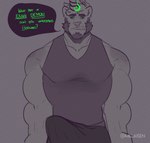 2021 absurd_res alvin_(melaisen) anthro barazoku beard black_sclera body_swap bulge clenched_teeth clothed clothing demon detailed_bulge digital_media_(artwork) erection erection_under_clothing facial_hair facial_piercing felid feline front_view genital_outline green_eyes green_text hi_res male mammal melaisen nose_piercing nose_ring penis_outline piercing portrait ring_piercing solo sport_(melaisen) standing teeth text three-quarter_portrait