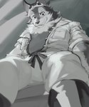 2024 anthro black_body black_fur bottomwear canid canine canis clothed clothed_anthro clothed_male clothing eyebrows eyewear eyewear_on_head fur goggles goggles_on_head gokurakugai grey_body grey_fur greyscale hi_res hybrid kogito looking_at_viewer looking_down looking_down_at_viewer low-angle_view male male_anthro mammal monochrome multicolored_body multicolored_fur open_clothing open_shirt open_topwear pants prick_ears rolled-up_sleeves shirt sitting smile snout solo topwear white_body white_fur wolfdog yoki_kurogane