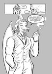 anthro bone_frill bottomwear cavemanon_studios cigarette clothing comic dialogue dinosaur dromaeosaurid duo ellipsis eyes_closed frill_(anatomy) goncheeto goodbye_volcano_high hair hand_in_pocket head_crest head_frill holding_cigarette holding_object i_wani_hug_that_gator iadakan male membrane_(anatomy) membranous_wings monochrome necktie open_mouth open_smile pants pockets prehistoric_species pterosaur reed_(gvh) reptile scalie smile snout solo_in_panel spanish_text speech_bubble standing suit text theropod tied_hair topwear translated velociraptor vest wings